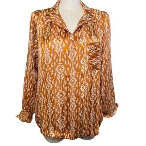 Umgee Orange White Abstract Print Metallic Blouse Top Long Sleeve Women L